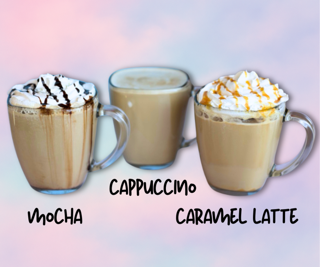 Image of three coffees lined up. A mocha, cappuccino, and caramel latte.